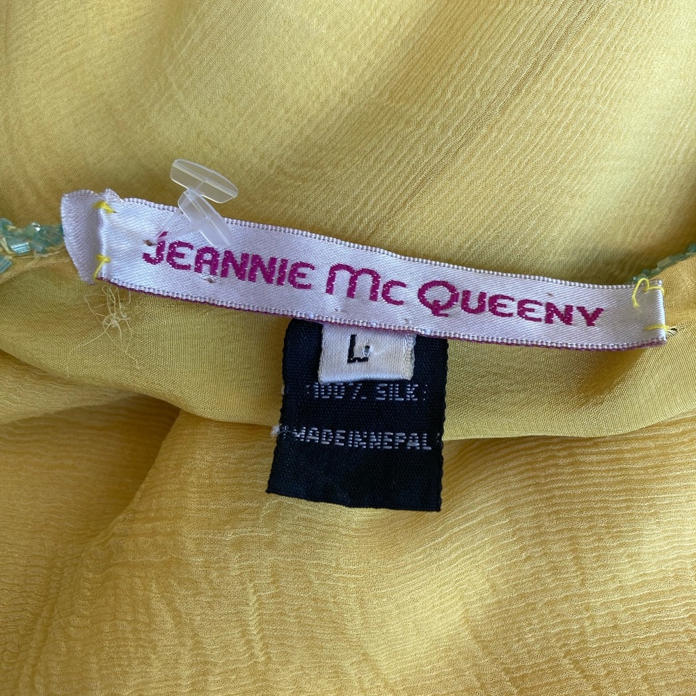 Jeannie Mcqueeny 100% Silk Yellow Blouse Blue Beaded Sunburst & Sleeve Detail - Picture 15 of 17